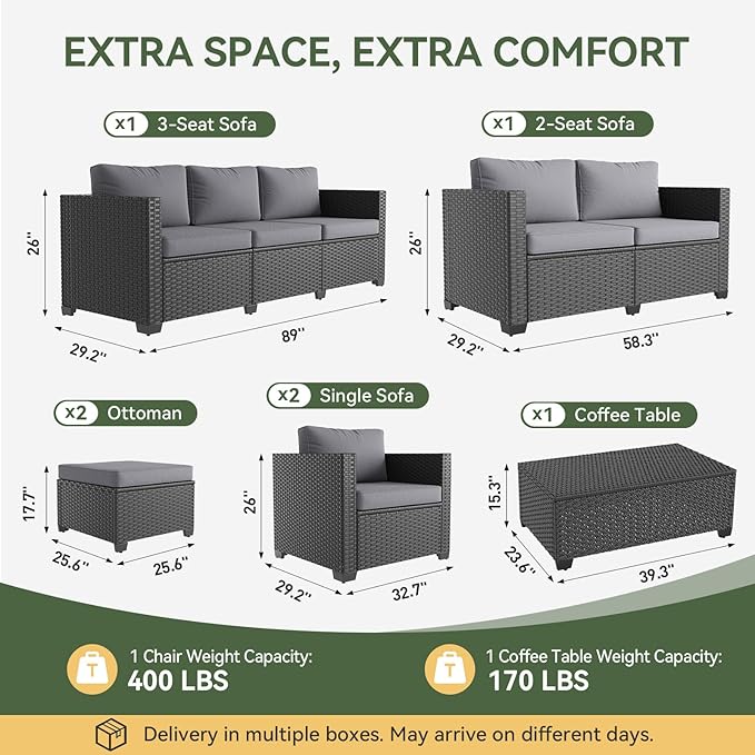 Aoxun 10 Piece Outdoor Patio Furniture Set 9 Seats, Outdoor Sectional with Thick Waterproof Cushions & Storage Coffee Table, Patio Conversation Sets for Garden,Backyard, Porch, Balcony, Deck, Gray