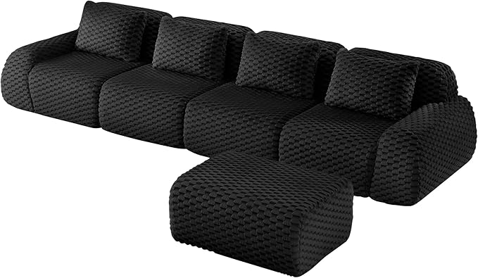 146" L-Shaped Compressed Sectional Cloud Sofa, Flannel Upholstered Modular Deep Seat Sofa with 5 Pieces, Modern Floor Boneless Foam Modular Cloud Couches for Living Room