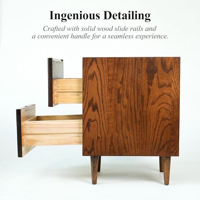 Narrow Nightstand, Mid Century Modern Nightstand, Solid Wood Bedside Table, Side Table witn Drawers (Walnut, 11.81inches) - Image 6