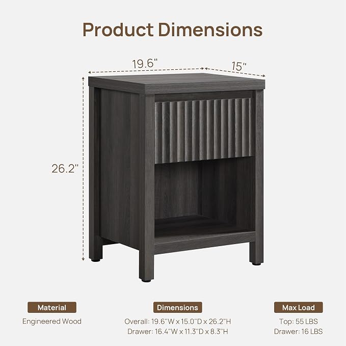 SICOTAS Fluted Night Stand Set of 2, Modern Nightstands with Drawer, Farmhouse Bedside Table with Storage Shelf, Large End Tables Bed Side Tables for Bedroom, Black Oak - Image 2