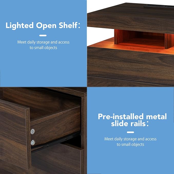 HOMMPA Set of 2 Walnut Nightstands with Wireless Charging Station High Gloss Night Stand Tall with 3 Drawers Bedside Table with USB Type C Charging Adjustable LED Lights for Bedroom - Image 5