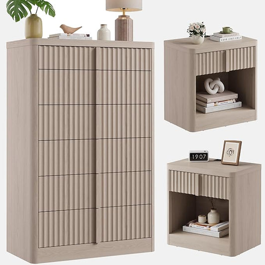 Fluted Dresser and Nightstand 3-Piece Bedroom Set, 49" Tall 6-Drawer Dresser and 2 of Nightstands with Charging Station, Curved Profile Design, Modern Bedroom Dressers Sets, White Alder