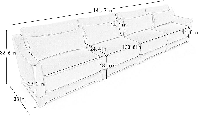 Ball & Cast 141.7" Modular Sofa Couch with Deep Seat Chenille Sofa and Wide Armrest, Modern Comfy 4-Seater Couch for Living Room, Office, Apartment, Easy to Assembly, Beige