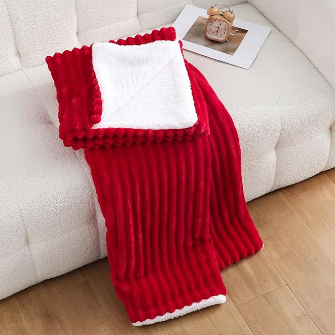 Red Sherpa Fleece Throw Blanket 50”×60” for Couch Sofa Bed,Double Side Soft Fuzzy Cozy Plush Thick Flannel Blanket with Striped Design Gift for Adults,Woman,Girls