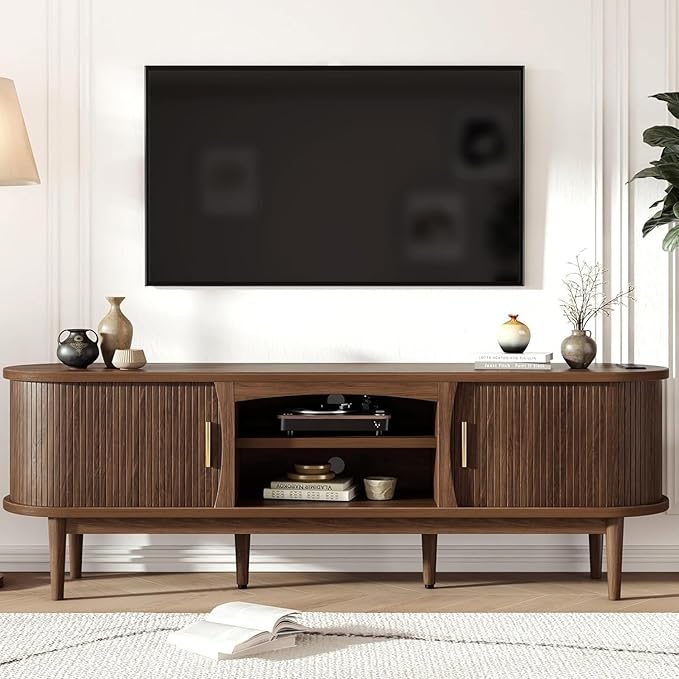Decofy Mid Century TV Stand for TVs up to 80 Inches, Entertainment Center with Storage, Power Outlet, Fluted Sliding Doors & Adjustable Shelves, Modern Media TV Console Table for Living Room (Walnut) by Decofy