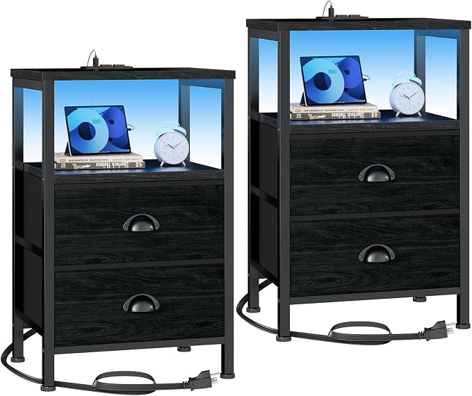Furologee Nightstands Set of 2, End Tables with Charging Station and LED Lights, Black Night Stands with 2 Fabric Drawers, Bedside Tables Set of 2 for Living Room/Bedroom,Black Oak by Furologee