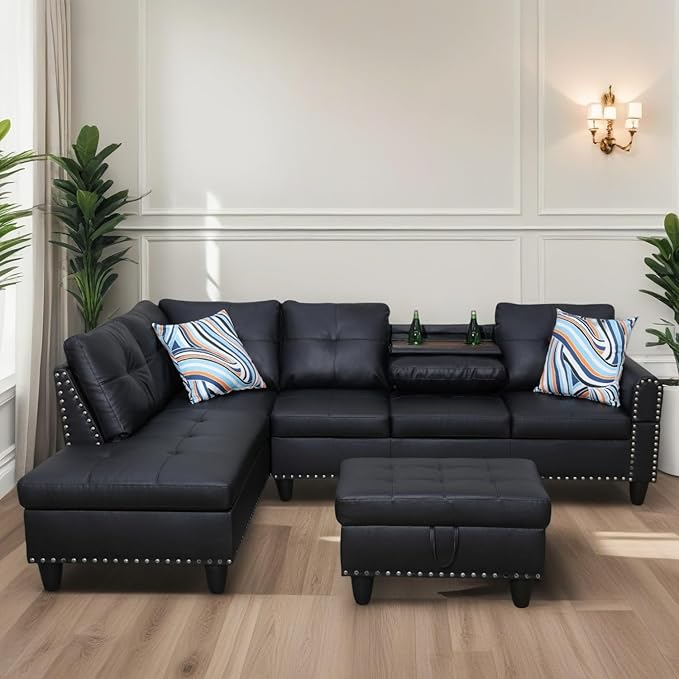 FONTOI L Shaped Sectional Couches for Living Room, Modular 4 Seat Sofa with Ottoman Storage, Modern Couch with Chaise for Bedroom Apartment Furniture, Black