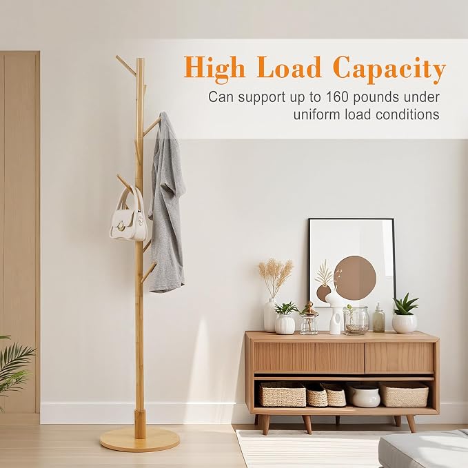 VECELO Coat Rack Freestanding, Entryway Hanger Stand, Umbrella Holder, Hall Tree With Hooks, Floor Standing Metal Tree Stand,Light Wood - Image 9
