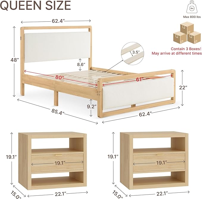 KISLOT 3 Pieces Bedroom Set, Wood Bed Frame with Upholstered Headboard & 2 Nightstands with Storage, Wooden Platform Mattress Foundation Farmhouse Bedroom Furniture Set