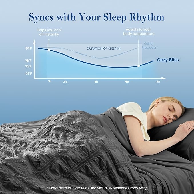 Cozy Bliss Cooling Comforter Seersucker Plaid Twin XL Size, Q-Max 0.45 Lightweight Cooling Blanket, Breathable Silk Smooth Summer Bedding Quilt for Hot Sleepers Night Sweats Dark Gray