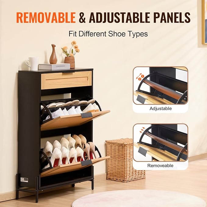 VEVOR Rattan Shoe Cabinet, Narrow Shoe Storage Organizer with 2 Flip Rattan Drawers & 1 Slide Drawer, Metal Legs, Slim Shoe Entryway Cabinet Ideal for Entryway, Closet, Hallway, Black - Image 8