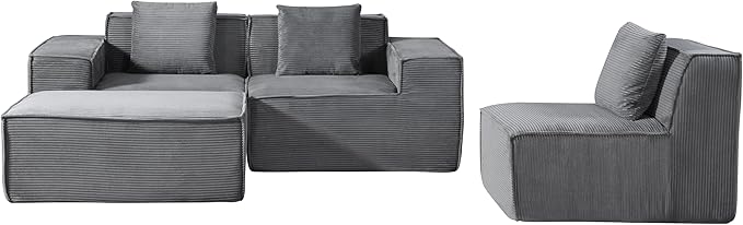 Rowan Convertible Corduroy Sectional Couch with Ottoman & Pillows, Modular L Shaped Sleeper Sofa, Boneless Cloud Couch for Living Room Furniture, Dark Grey