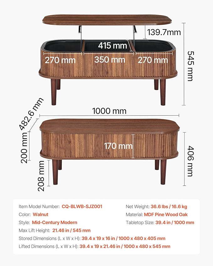 VEVOR Fluted Lift Top Coffee Table, Oval Walnut Coffee Table with 3 Hidden Compartment, Mid Century Modern Wood Center Table with Storage, Lift up Tabletop for Home Living Room Office, Easy Assembly