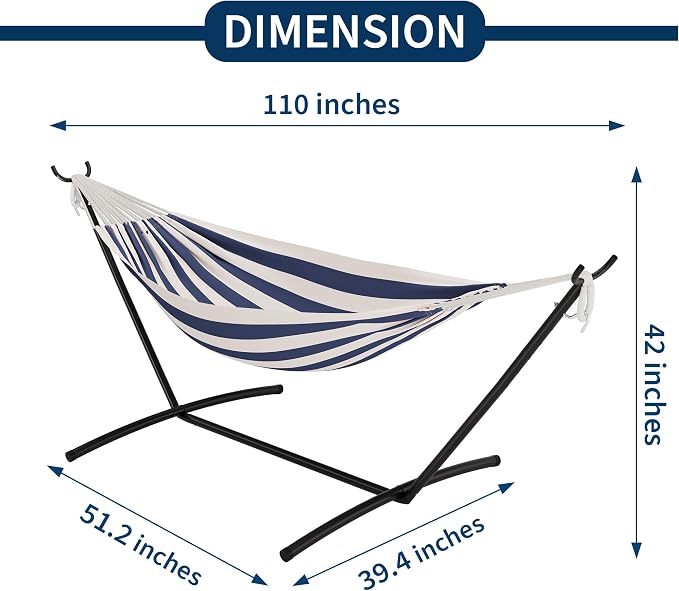 Double Hammock with Steel Stand - 2 Person Hammock Bed Indoor Outdoor, Brazilian-Style, with Carry Bag, 450lb Capacity, Portable & Easy Assembly, Blue&White - Image 5
