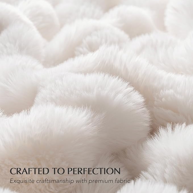 EverGrace Ultra Soft Luxury Fluffy Faux Rabbit Fur Throw Blanket, Thick Warm Bubble Throw for Bed, Cozy Plush Reversible Blankets for Couch, Chair, Sofa, Ivory White, 80x90 Inches