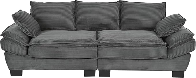 Merax 85.4" Modern Curved Corduroy Fabric Sofa, Back Upholstered Couch with 2 Decorative Throw Pillows for Living Room, Bedroom, Apartment, Gray