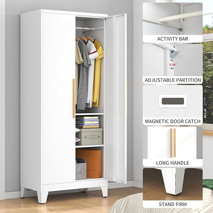 75.3" Tall Metal Armoire Wardrobe Closet with 2 Doors, Adjustable Hanging Rod & 2 Adjustable Shelves, Freestanding Storage Cabinet Organizer for Bedroom, Office, Laundry Room, White