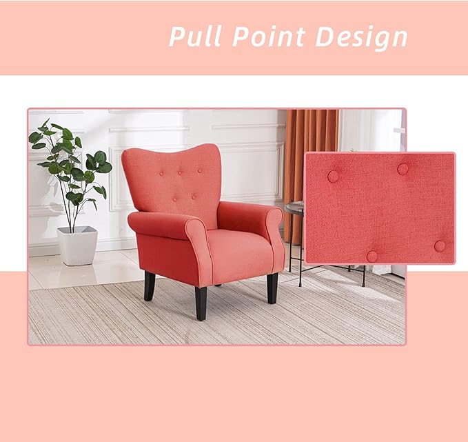 YOLENY Modern Accent Chair,High Back Armchair,Upholstered Fabric Button Single Sofa with Wooden Legs for Living Room,Bedroom,Club,Red