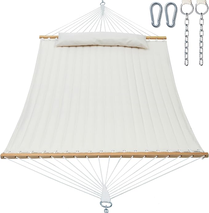 GAFETE Hammock 2 Person Quilted Fabric Hammocks for Outside, Double 12ft Hammocks with Spreader Bar, Large Removable Pillow, Storage Bag, Carabiners, Max 475 lbs Capacity (Dune Beige) by GafeteOutdoorLiving