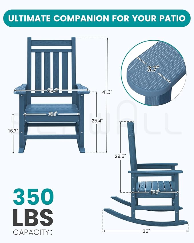 SERWALL HDPE Outdoor Rocking Chair Set of 6, Patio Rocking Chairs for Adults, All Weather Outdoor Rockers for Lawn, Blue - Image 3