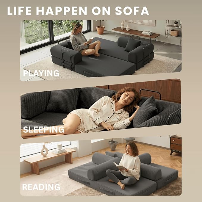 4-in-1 Folding Convertible Sofa Bed, 77" Floor Couch with Pillow - Corduroy Fabric & High-Density Sponge & Fixed-Shape Frame, Modular Sofa for Living Room/Lounge/Studio, Dark Grey