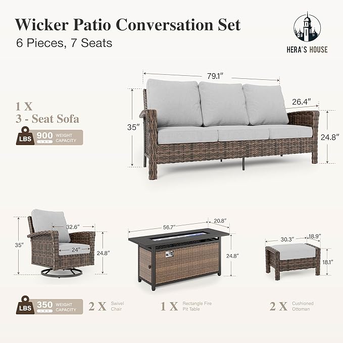 HERA'S HOUSE 8-Piece Outdoor Furniture Set with Fire Pit Table, Patio Conversation Set with 5.5" Thick Cushions & High Back Swivel Chairs, All-Weather Wicker Deep Seating Sofa with Ottomans, Grey