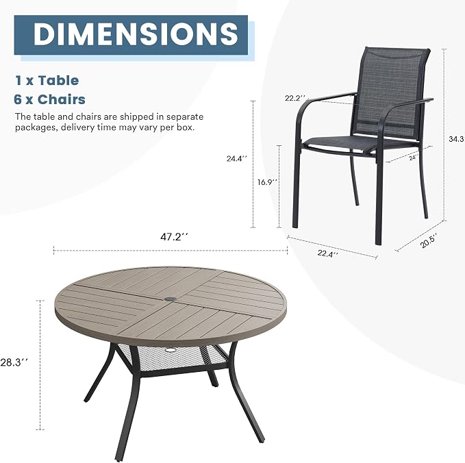 DIFY Patio Dining Set for 6, 7 Piece Outdoor Table and Chairs Set, 47.2" Grey Wood-Like Round Metal Patio Dining Table and 6 Grey Textilene Stackable Patio Chairs, for Backyard Garden Poolside - Image 8