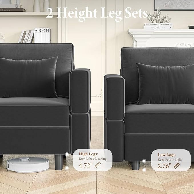 Vesgantti Sectional Couches with Storage Seats, 118" L Shaped Convertible Modular Sectional Sofa, 4 Seat & 2 Ottomans Velvet Storage Chaises Deep Seat Couch for Living Room, Bedroom, Apartment, Gray
