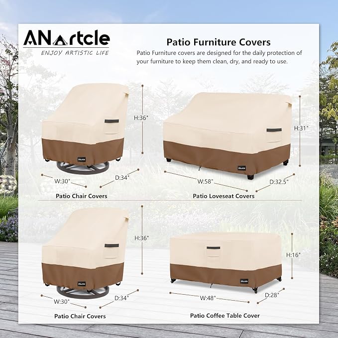 ANartcle Patio Furniture Covers 4 Piece Set, 600D Waterproof Heavy Duty Outdoor Furniture Covers,Fit Wicker Patio Loveseat, Swivel Rocker Chair and Coffee Table,Beige&Brown - Image 2