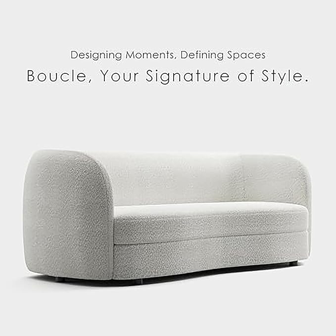 Furniture of America Nimiane Modern Boucle Sofa with Curved Arms and Wooden Legs, Comfy Fabric Upholstered 3 Seater Couch for Living Room, Bedroom, Home Office, Off-White