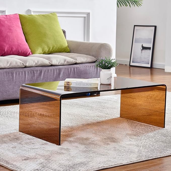 Premium Tempered Glass Coffee Table,Small Modern Coffee Table for Living Room,Match Well with Rug (Brown, 39.4"x19.7"x13.8")