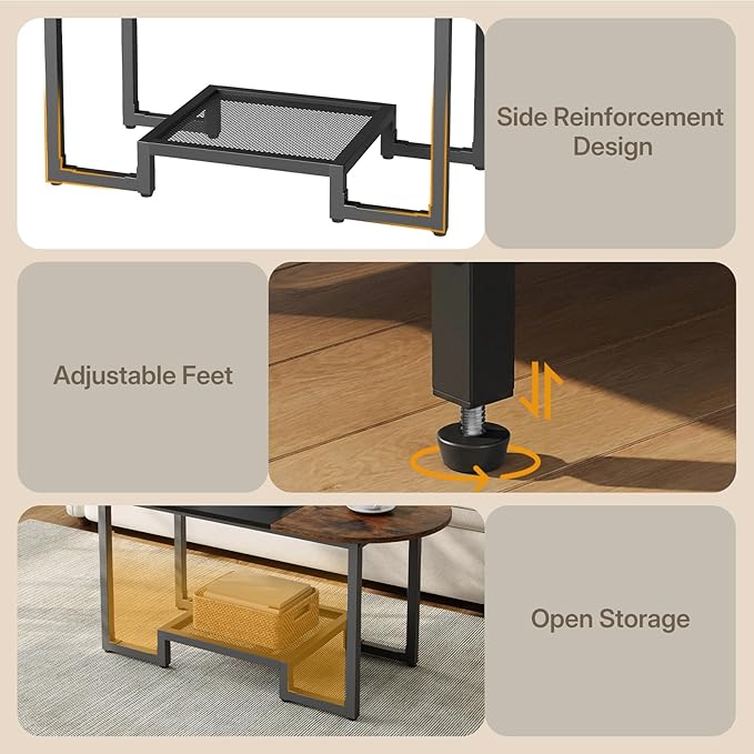 HOOBRO Coffee Table, Oval Small Coffee Table with 2-Tier Storage Shelf, Narrow Modern Center Table for Small Spaces, Living Room, Bedroom, Office, Rustic Brown and Black BFK12KF01