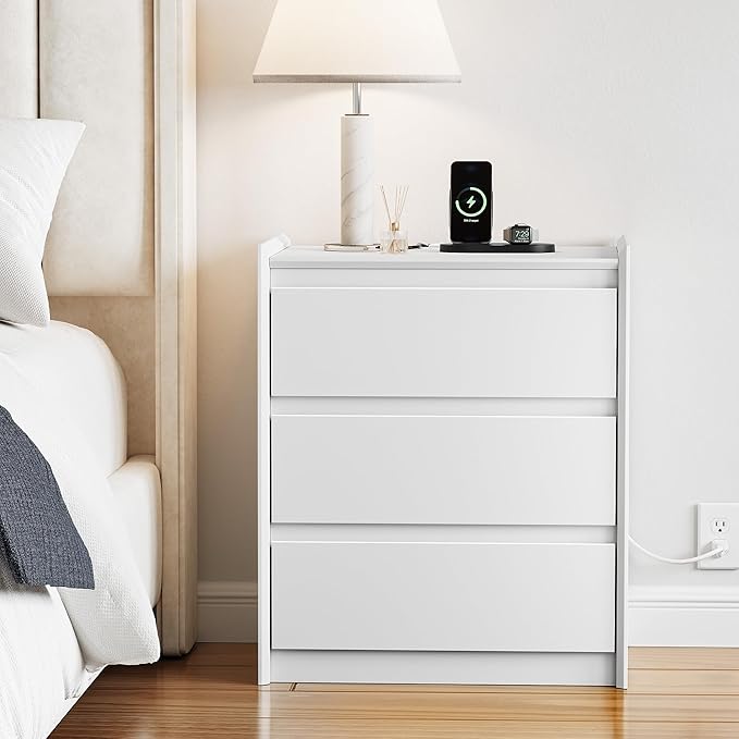 24" Tall Nightstand with Charging Station Including USB-C, Modern Bedside Table and Sofa End Table - White, 3 Drawers, 1-Pack - Image 7