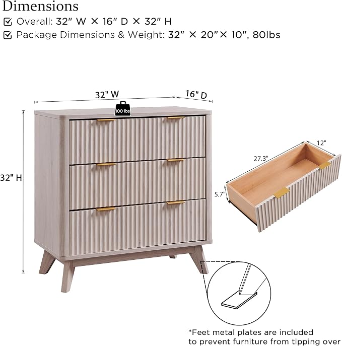 T4TREAM Fluted 3 Drawer Dresser, 32" Tall Modern Chest of Drawers, Curved Profile Design, Wood Drawer Organizer for Bedroom, Living Room, Hallway, Entryway, White Alder - Image 2