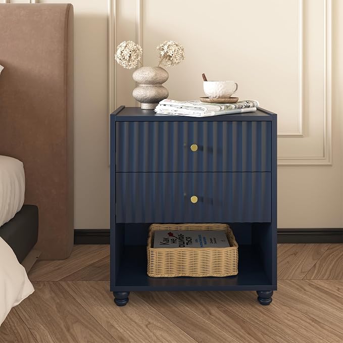 Modern Nightstand, Fluted End Table with 2 Drawers, Nightstand with Open Shelf for Bedroom (1, Blue) - Image 3