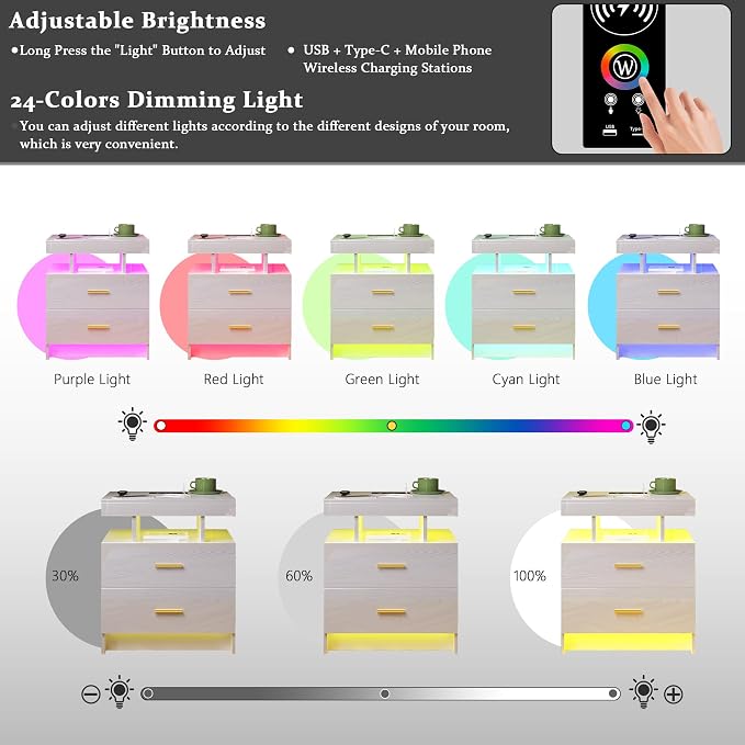 HNEBC Auto LED Nightstands Set of 2,Modern Bedside Table with USB Ports & Wireless Charging Station,High Gloss Bedside Tables with 2 Drawers,Nightstands for Bedrooms/Living Room (White) - Image 9