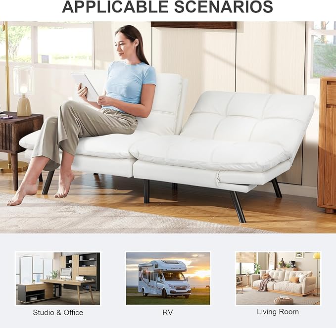 Vipbear Futon Sofa Bed Couch, 71" Convertible Sofa Bed, Space-Saving Loveseat with Adjustable Backrest & Armrest for Living Room,Apartment,Office,White Sleeper Sofa