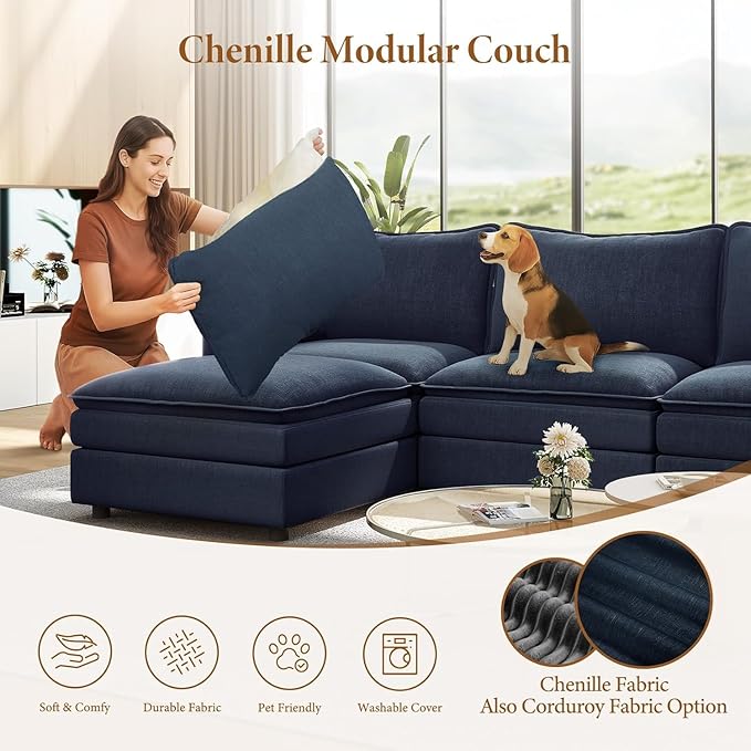 Vesgantti Large Modular Sectional Sofa, Big Comfy Cloud Couch with Ottoman Deep Seat Chenille Cloud Sofa, 9 Seater Large Sectional Couches for Living Room, Bedroom and Apartment, Blue