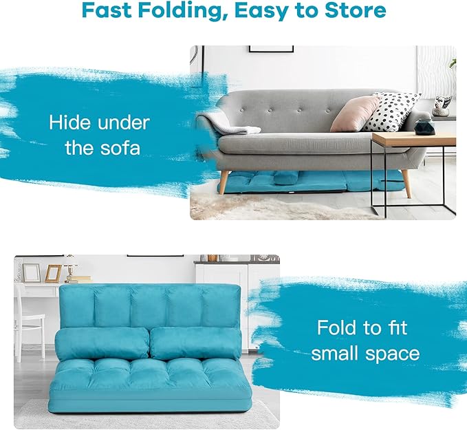 KOMFOTT Adjustable Floor Sofa Bed, Foldable Lazy Sofa Sleeper with 6 Position Backrest & 2 Pillows, Convertible Futon Couch with Suede Cloth Cover, Lounge Recliner for Living Room