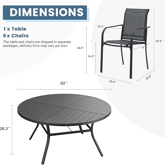 DIFY 7 Pieces Outdoor Patio Dining Set for 6, 50" Black Round Metal Dining Table and 6 Grey Stackable Textilene Patio Chairs, Outdoor Table and Chairs for Backyard Garden Poolside - Image 8