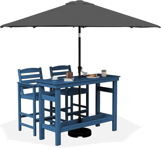 SERWALL Outdoor Bar Set with 9ft Umbrella, All-Weather HDPE Patio Bar Chairs and Table, Outdoor Furniture Set, Blue (Umbreall Base not Included) by SERWALL