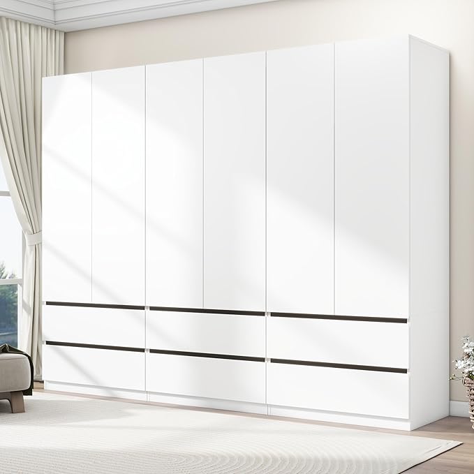 Armoire Wardrobe Closet with Drawers：75" Large White Wardrobe Closet Cabinet with 6 Doors for Hanging Clothes, Modern Wooden Bedroom Armoires with 6 Drawers and Storage (A+A+A, 94.5")