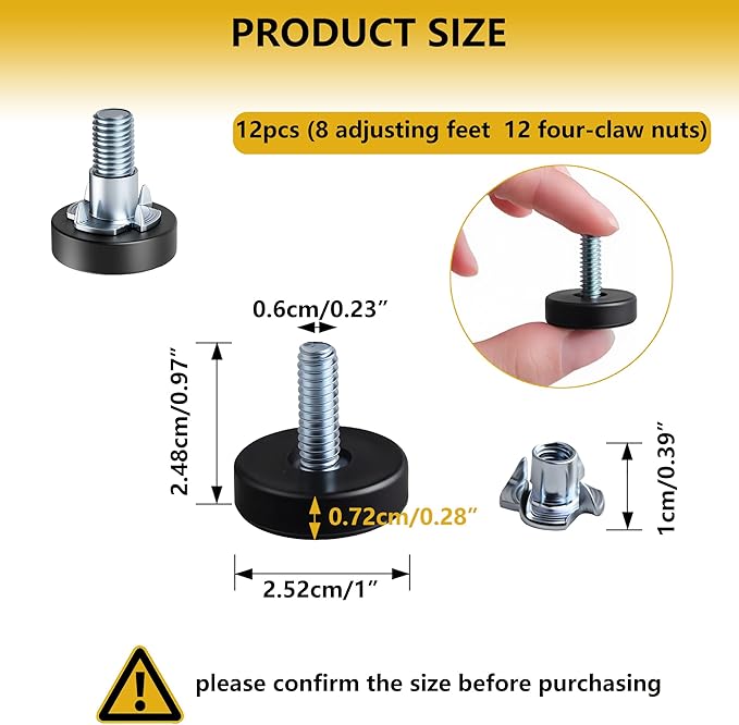 12 Pack 1/4"-20 UNC Furniture Leveling Feet, Adjustable Heavy Duty Leg Levelers for Tables, Chairs, Cabinets & Shelving Units - Screw-in Glides Replacement for Uneven Floors