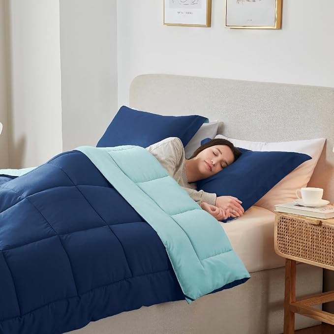 Nestl 3 Piece Quilted Down Alternative Comforter, Full Size with 2 Pillow Shams, All Season Blue/Light Blue Duvet Inserts