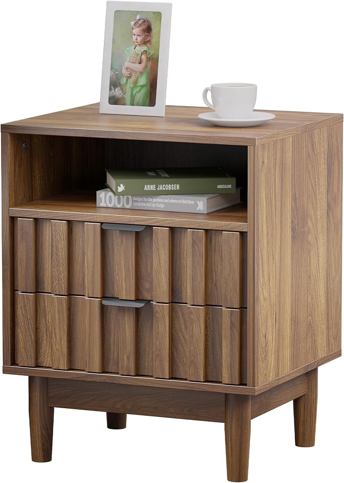 Fluted Nightstand Set of 2 with 2 Drawers, 19" Wide Night Stand with Solid Wood Legs, Open Storage Shelf, Mid Century Modern Wooden Bedside Table for Bedroom, Bed End Side Table, Walnut - Image 8