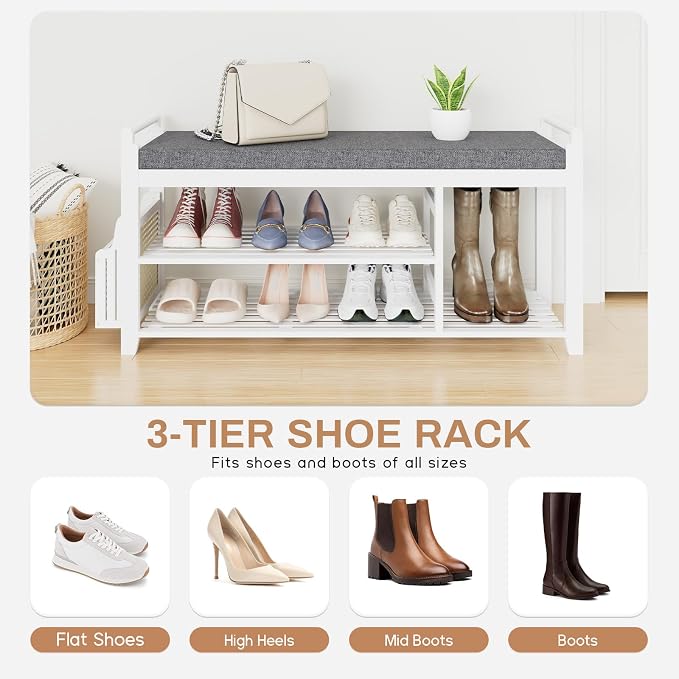 Homaxy 2-Tier Shoe Rack Bench with Side Holder, 39.4 in Bamboo Entryway Bench, Shoe Rack Organizer with Cushion for Front Entrance, Hallway Living Room Bedroom, White and Dark Grey - Image 8