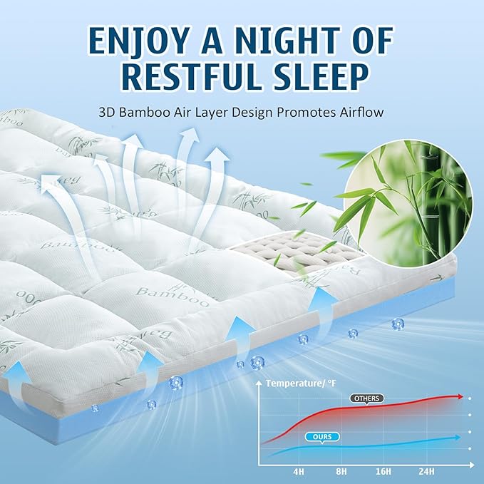 DOWNCOOL Dual Layer 4 Inch Memory Foam Mattress Topper Queen – 2 Inch Gel Memory Foam & 2 Inch Pillow Top Mattress Pad, Soft & Breathable Viscose Made from Bamboo, for Back Pain Relief