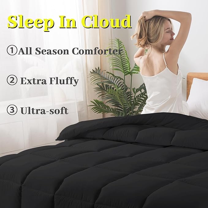BedTreat Down Alternative Duvet Insert with Corner Tabs, All Season Quilted Bed Comforter Box-Stitched Full Comforter Black, Machine Washable Microfiber Bedding