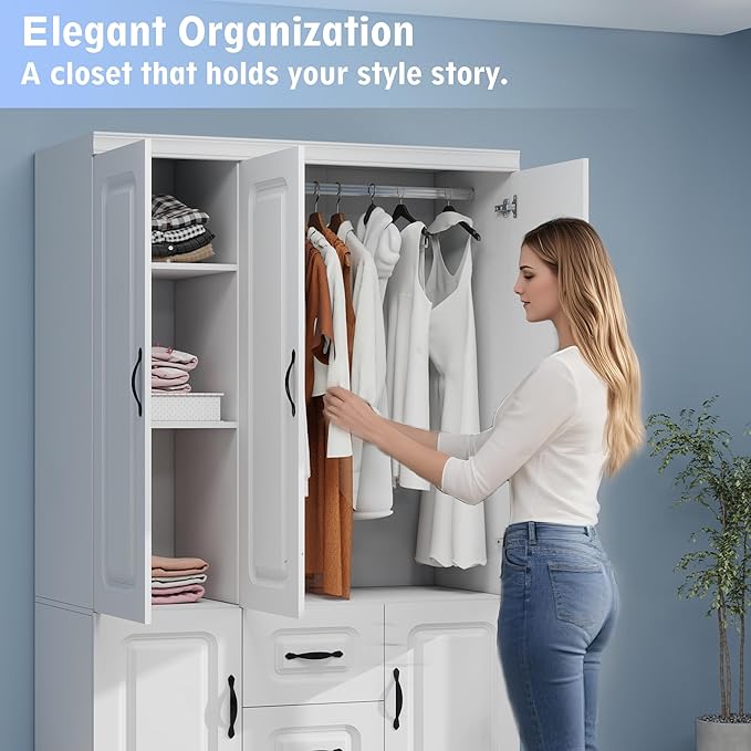 Wooden Armoire Wardrobe Closet：Modern Armoire Wardrobe Closet with 3 Doors, 2 Drawers and Hanging Rods for Tall Cabinet, Large Capacity Clothes Storage Cabinet for Bedroom Home, White