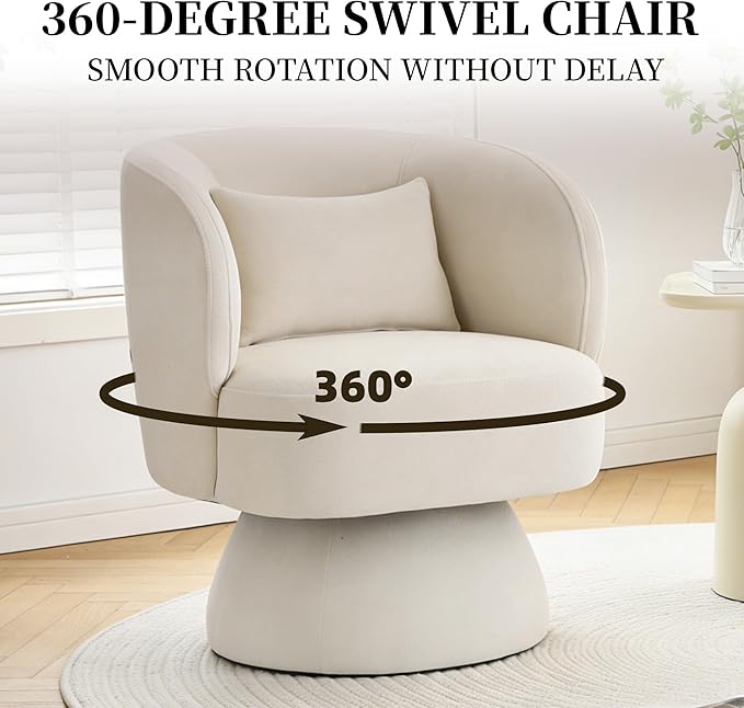 ClinQ Swivel Barrel Chair with Pillow, Cloud Velvet Accent Chair, Upholstered Cuddle Reading Lounge Chair, 360° Modern Round Swivel Curved Armchair for Living Room, Bedroom, Office, White